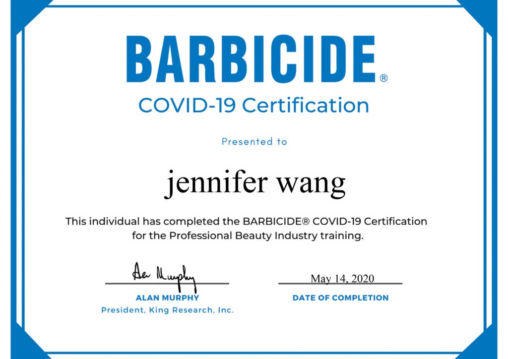 Jennifer Barbicide Covid-19 Certification